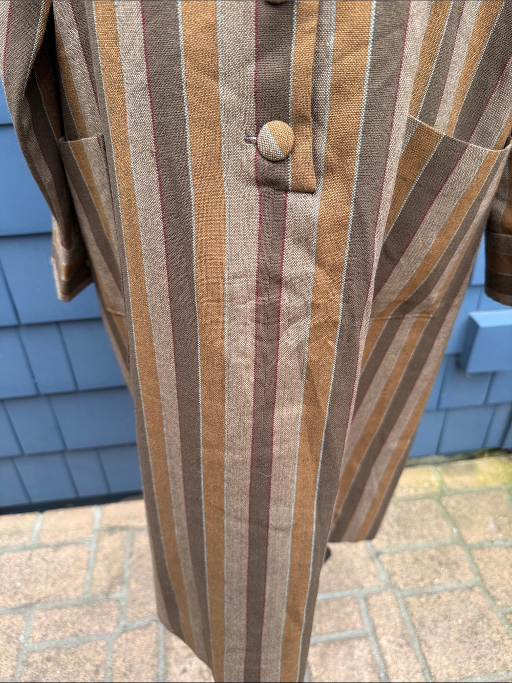 Vintage Striped Long Button-Front Dress Coat in Mustard and Brown handmade brown - Picture 4 of 12